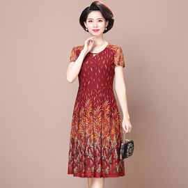 夏季中年女士台湾网纱连衣裙，短袖圆领印花中老年妈妈装中长款裙子