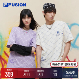 FILA FUSION斐乐潮牌情侣款老花短袖T2024春新纯棉情人节T恤男女