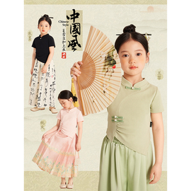 amybaby女童t恤2024夏季不规则，中国风设计感气质盘扣短袖上衣