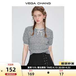 VEGA CHANG针织衫女2024年夏季缕空提花针织短袖圆领套头上衣