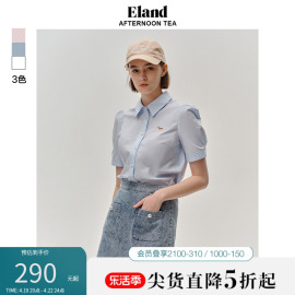 eland衣恋纯棉短袖衬衫女学院，风泡泡袖刺绣上衣夏季