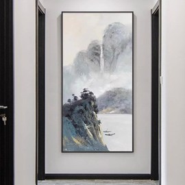大芬村纯手绘油画新中式山水风景，抽象客厅装饰画玄关过道竖版挂画