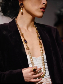 yuwelry欧美法式宫廷风紫色水晶琉璃珍珠长款项链复古耳环戒指