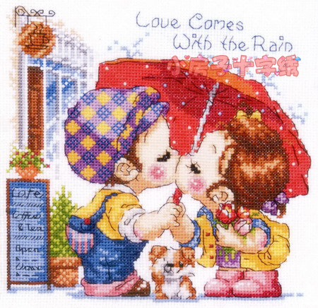 五皇冠小房子十字绣 正品dmc套件-s68-141韩国卡通情侣雨中吻
