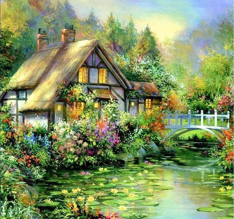 超清晰彩色十字绣重绘图纸/源文件 美丽家园 清溪映绿