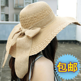 韩版大帽檐可折叠蝴蝶结，大沿草帽沙滩帽子夏季海边防晒遮太阳帽
