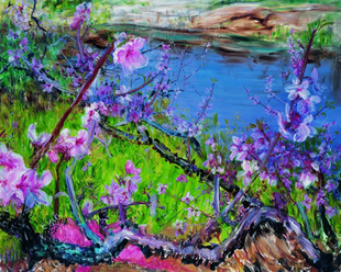纯手绘油画餐厅卧室装饰画现代花卉无框画临摹周春芽《桃花1》