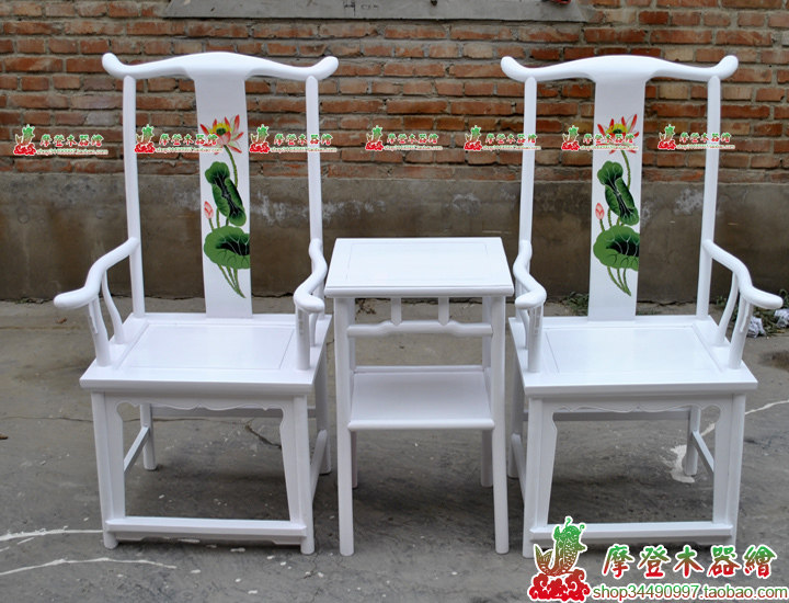 手绘荷花白色官帽椅实木中式餐椅太师椅电脑椅子彩绘明清古典家具