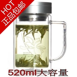 富光玻璃杯 双层带盖滤网700B透明水杯520ml 超大容量茶杯子