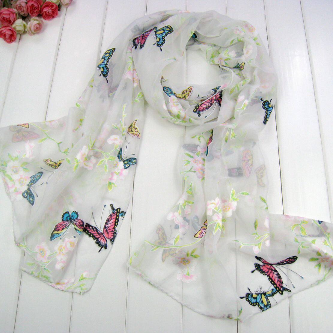 100%桑蚕丝 真丝围巾 真丝丝巾 烂花绡真丝长丝巾 小蝴蝶KQ902白