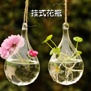 精致欧式悬挂吊球透明玻璃花瓶 简约水滴型花瓶花器水培花插器皿