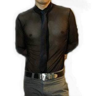 舞蹈服男韩版理发师衬衫男韩版修身长袖休闲衬衣修身网眼透明定做