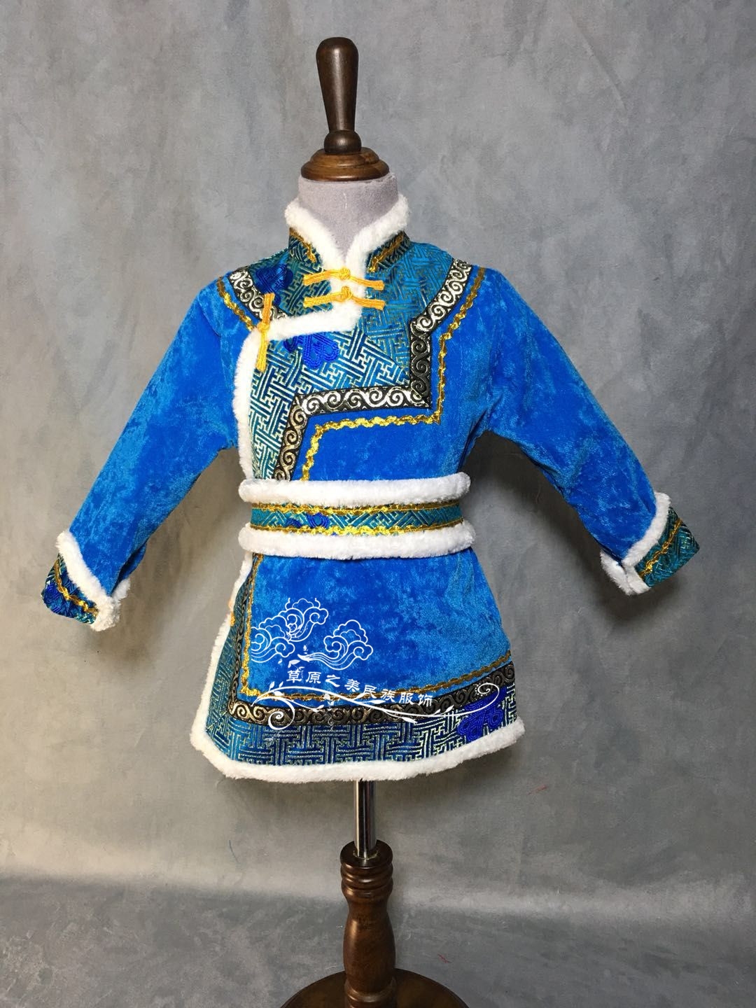 男童民族风棉服小男孩冬季蒙古族服装夹棉缎面中长款蒙古袍新品