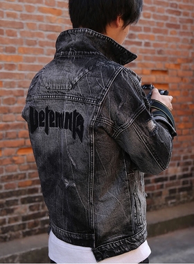 潮流男士春秋款宽松落肩牛仔衣夹克黑灰色绣花港风复古牛仔外套