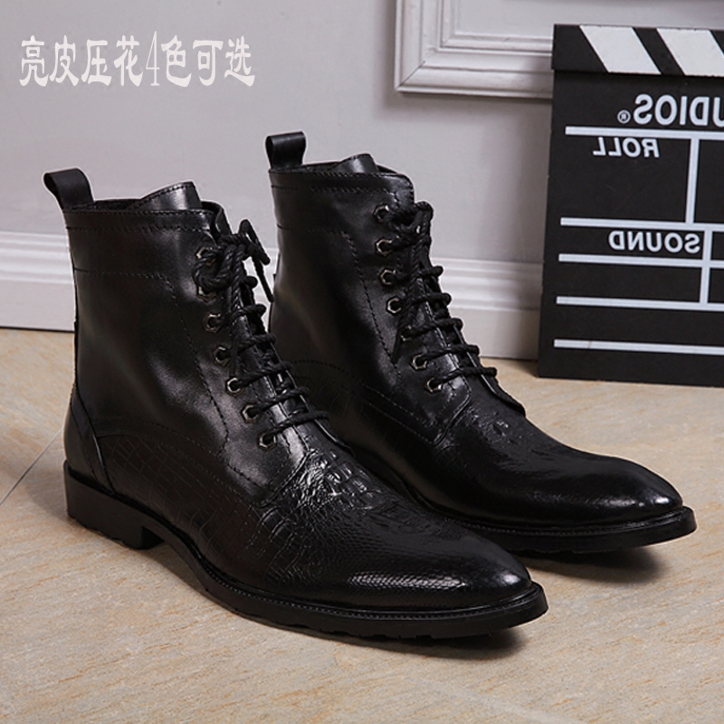 黑色系带喜庆歌手婚鞋子尖头休闲长筒鞋高帮皮鞋男英伦马丁靴