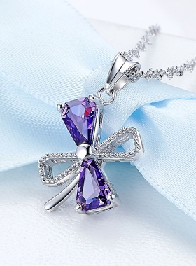 925银项链女时尚紫色四叶草吊坠