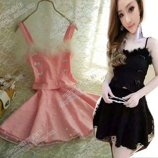 夜店性感女装兔毛蝴蝶结小背心两件套装裙子时尚套装显瘦气质淑女