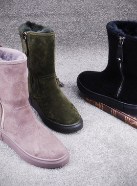 欧洲站2025秋冬新款平底女靴磨砂侧拉链保暖靴百搭休闲雪地靴棉鞋