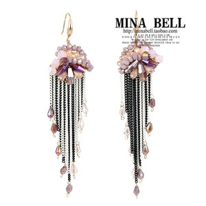 包邮新款 韩版手工 串珠水晶 贝壳形 长款流苏 珠珠 耳环 耳坠 配