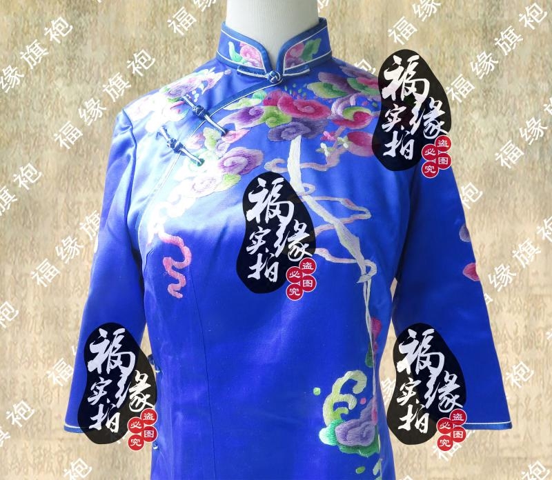 明星款纯手工绣花宝蓝重磅真丝祥云普照公司年会礼服旗袍定制做