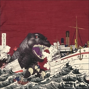 透气吸汗竹节棉短袖 大怪兽海洋出现图 日式 日本浮世绘 T恤 哥斯拉