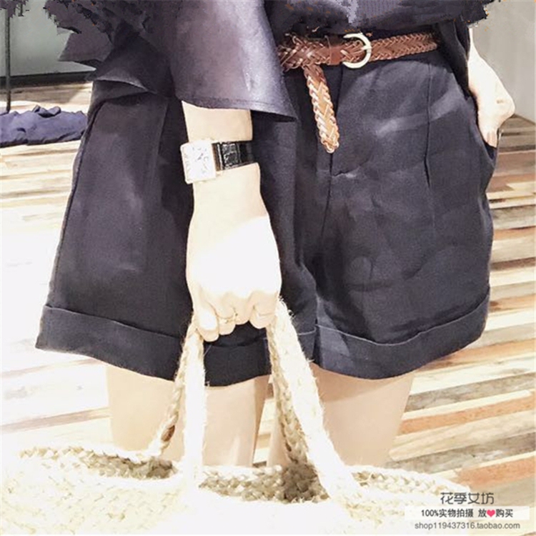 茗苒夏韩版百搭显瘦小个子休闲阔腿裤chic松紧腰苎麻卷边短裤女潮