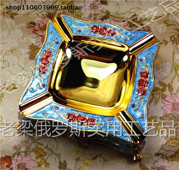 Z1特价俄罗斯锡金属烟灰缸烟缸正方形金边天蓝色红玫瑰厚重礼盒装