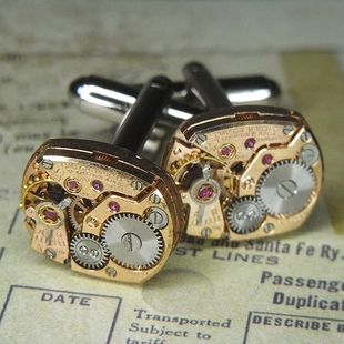 美国代购 扣 Cufflinks◇手作复古手表机芯齿轮红宝石点缀玫瑰金袖