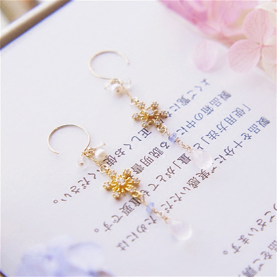 葵子手作 冬日限定原创 粉水晶×坦桑石温柔14k包金雪花耳环耳夹