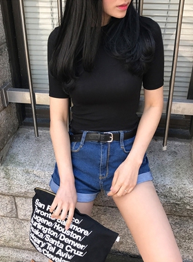 2020新款黑色半高领短袖T恤女夏纯色韩范修身显瘦打底衫紧身上衣