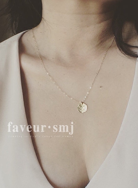 faveur美国14k注金925银锤纹圆牌圆盘锁骨项链毛衣链不褪色百搭