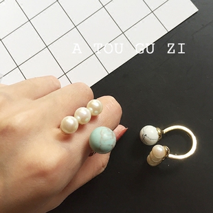 欧美极简风otherstories复古气质个性白绿松石珍珠开口食指戒指女