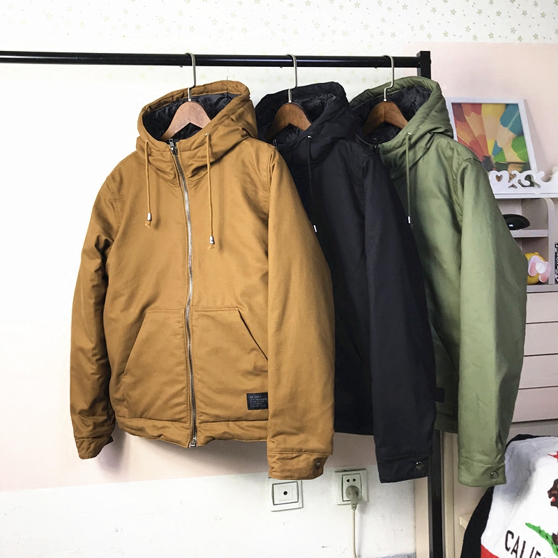 冬季三色简约纯色棉衣男百搭经典帆布风衣连帽棉服潮男加厚棉服