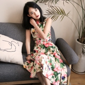 复古女装 气质中长裙夏季 赫本风无袖 连衣裙vintage印花一字领修身