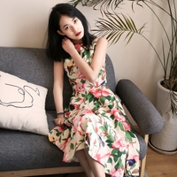 復(fù)古女裝赫本無(wú)袖印花修身氣質(zhì)