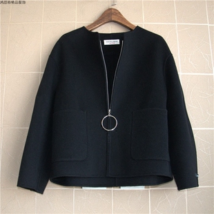 2018 双面手缝羊绒羊毛纯色拉链短毛呢新款 鸿思格HSG097新款 时尚