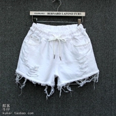 女松紧腰热裤 宽松大码 显瘦阔腿裤 白色牛仔短裤 破洞毛边流苏新款 潮