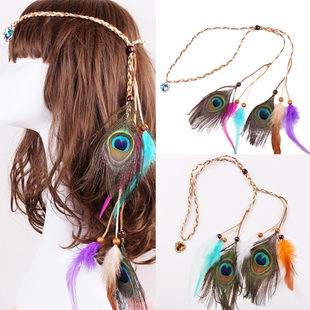 波西米亚孔雀羽毛编织流苏发绳发箍抖音网红镶钻爱心宝石前额发带