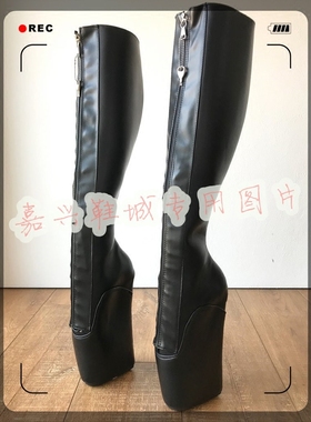 【嘉兴鞋城】黑色漆皮芭蕾包跟高筒女靴 芭蕾可锁拉链靴 BLZB601b