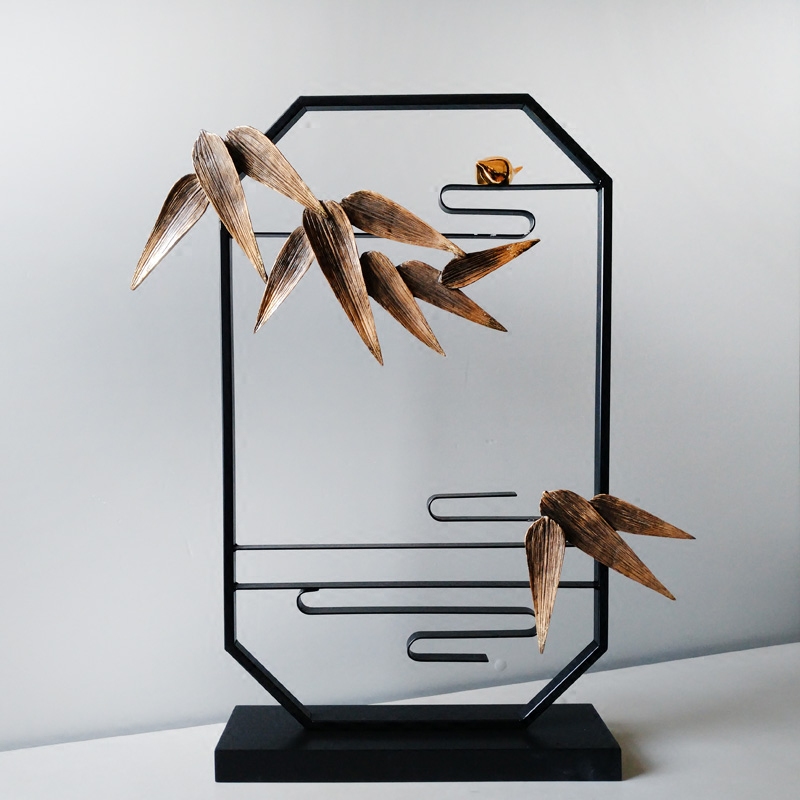 新中式酒店门厅软装饰品客厅玄关工艺品会所端景艺术铁艺竹叶摆件