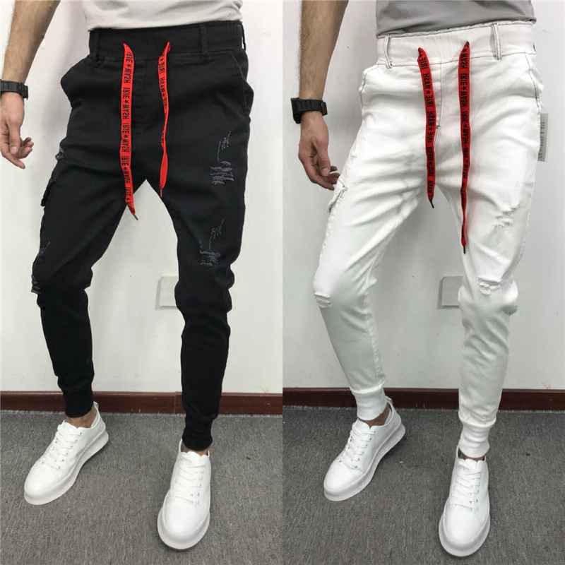 快手红人高迪同款白色牛仔裤时尚潮男破洞潮裤社会精神小伙百搭裤