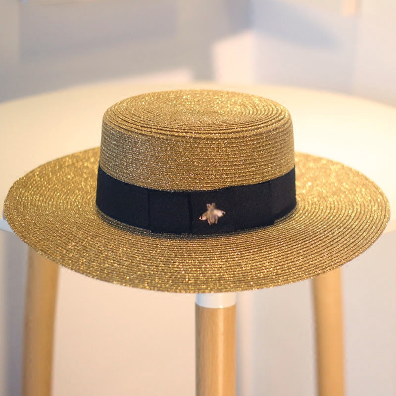 金色丝线草帽小蜜蜂时尚宽檐防晒出游遮阳平顶草帽女夏天复古欧美