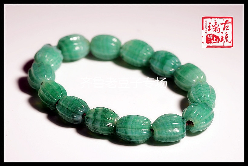 博山老琉璃珠子13*16mm孤品搅胎翠玉拉丝橄榄瓜珠 灯笼珠 南瓜珠