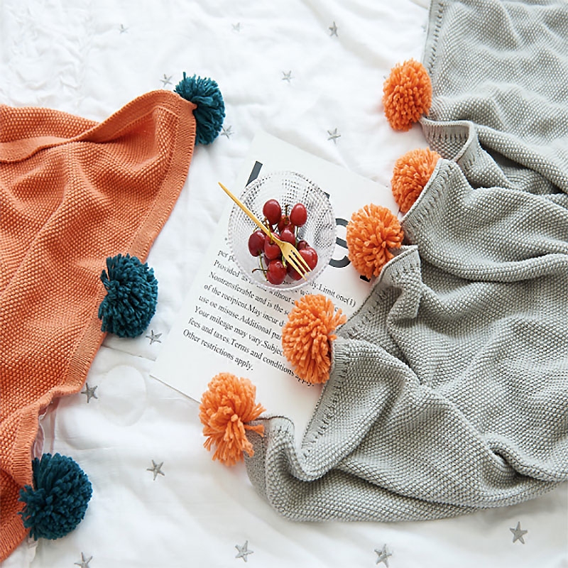 夏季全棉针织毯空调毯糖果色球球毯纯棉INS毛球毛线毯子沙发毯