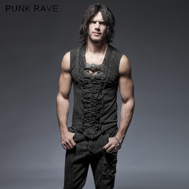 ╋魔叹╋ PUNK RAVE 英伦朋克EMO哥特GOTHIC绑绳无袖背心T恤 T421