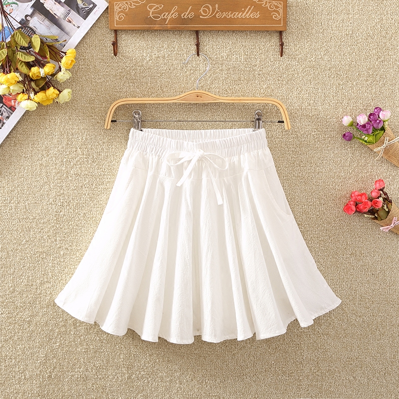 文艺小清新夏季松紧腰棉麻短裙纯色打底裙学生a字亚麻半身裙裤裙