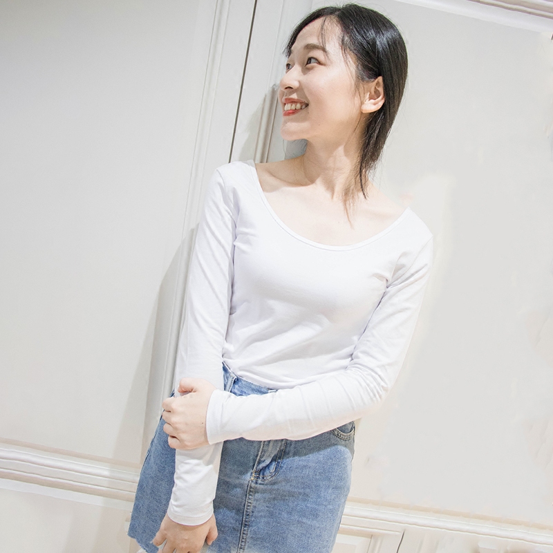 秋冬纯棉白色大圆领紧身內搭黑色打底衫女长袖秋2018新款百搭韩版