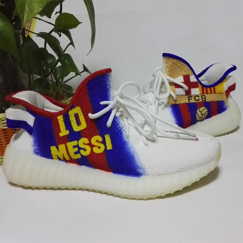 私人定制FCB巴萨梅西手绘Yeezy白椰子鞋350 V2改色diy涂鸦aj1板鞋