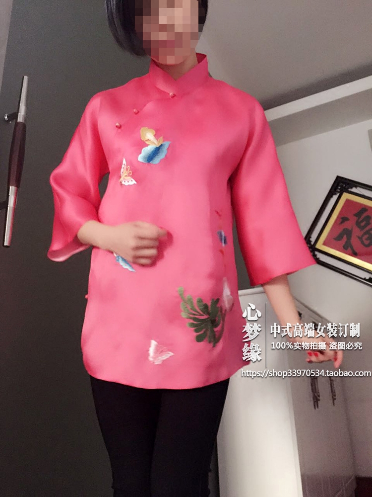 大牌 真丝欧根纱刺绣绣花短款宽松斜襟玉扣中式改良旗袍上衣
