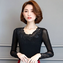 时尚 上衣服百搭 t恤长袖 女装 蕾丝打底衫 春秋季 潮韩版 2019新款 修身